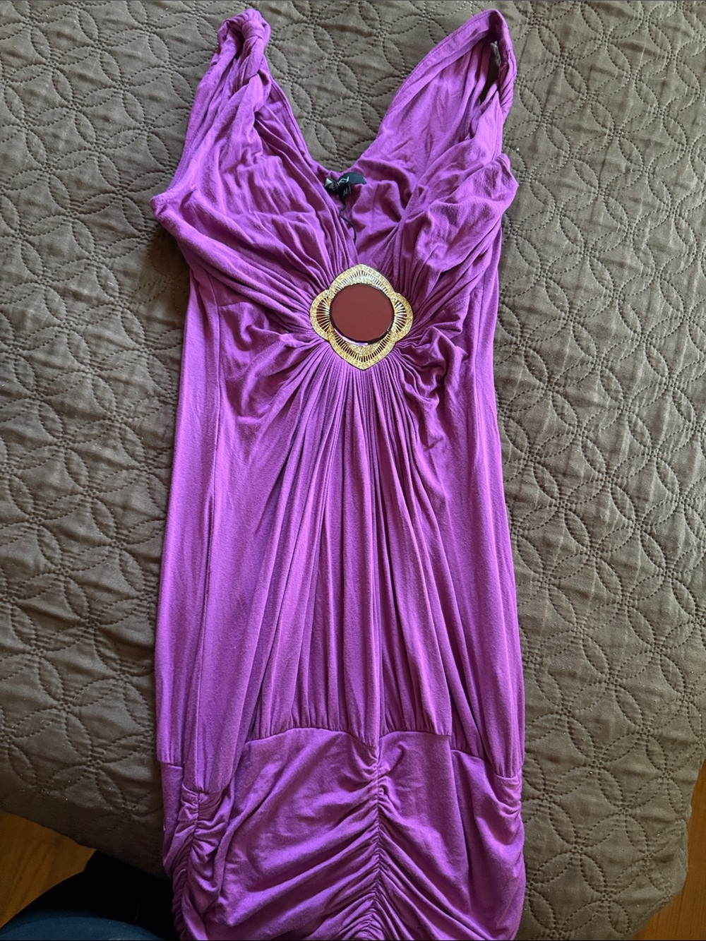 Sky Fuchsia Sleeveless Ruched Midi Dress with Gold Medallion